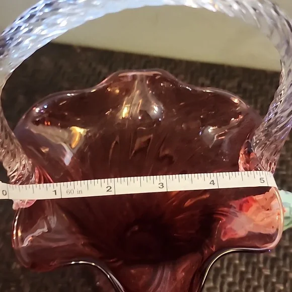 Vintage Fenton Style Glass Basket Vase Cranberry Red Burgundy Vase - Picture 9 of 10